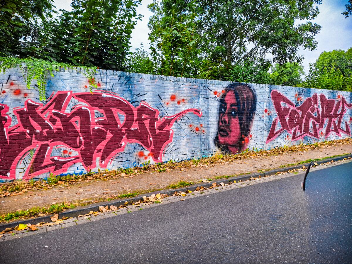 Een lange, lage bakstenen muur is beschilderd met graffiti in rode en roze tinten, inclusief een gezicht. Boven de muur is groen gebladerte van bomen zichtbaar. Op de voorgrond is een stoeprand met herfstbladeren en een stuk asfaltweg te zien. Rechtsonder is een deel van een donkerblauwe auto zichtbaar.