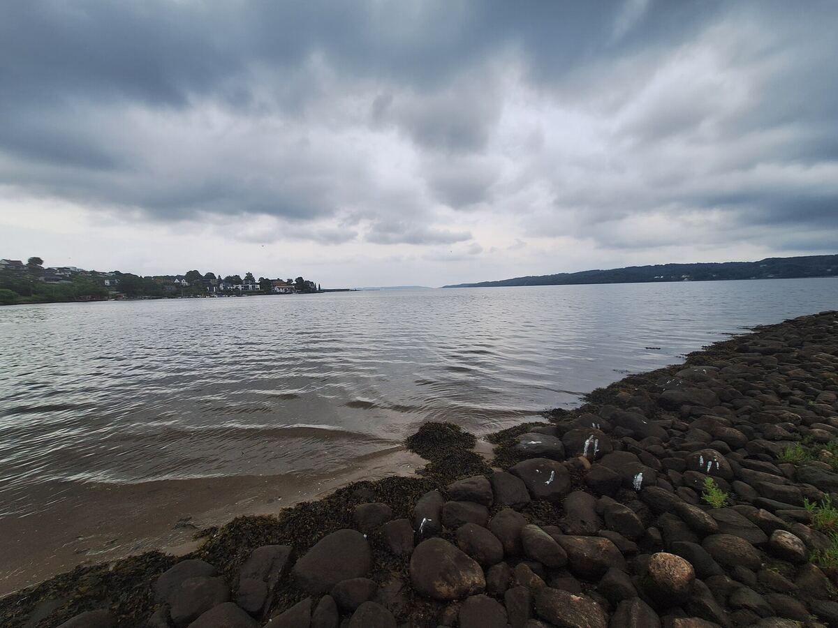 Een breed uitzicht over een fjord met donker water en een rotsachtige oever op de voorgrond. Aan de overkant zijn beboste heuvels en een rij huizen zichtbaar. De lucht is bewolkt met grijze wolken.