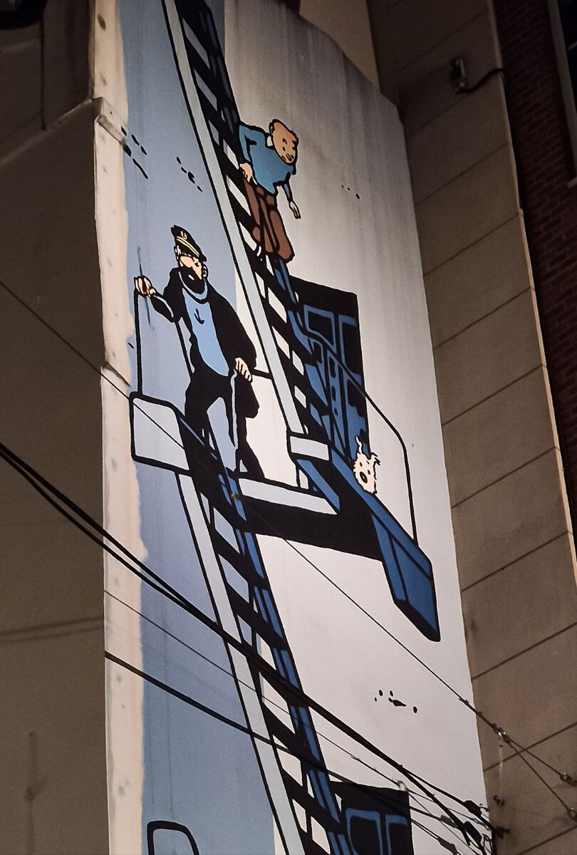 Een verticale muurtekening van Kuifje en Kapitein Haddock die een ladder beklimmen, met Bobbie die uit een luik kijkt. De tekening is in de kenmerkende stijl van Hergé en is aangebracht op de zijkant van een gebouw. Er zijn enkele kabels zichtbaar op de voorgrond.