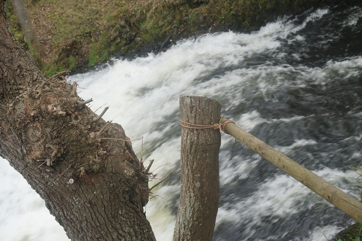 Een close-up van een snelstromende rivier met wit schuimend water, gezien vanuit een verhoogd perspectief. Op de voorgrond zijn twee boomstammen te zien, waarvan één horizontaal en de ander verticaal staat. De verticale boomstam is met een touw verbonden aan een houten paal die schuin naar beneden loopt. De oevers zijn begroeid met groen en bruin struikgewas.