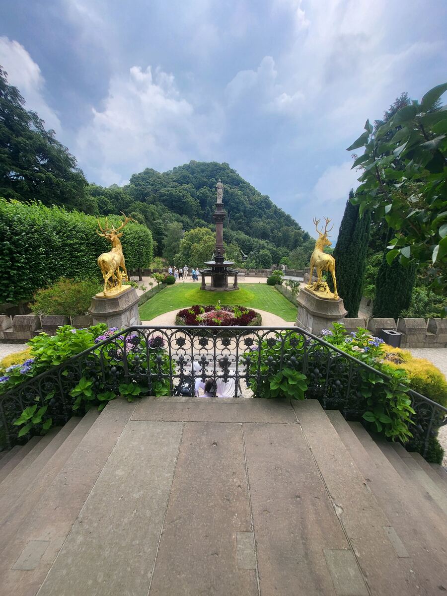 Een weids uitzicht over een kasteeltuin met twee gouden hertenbeelden, een fontein en een heuvel vol bomen op de achtergrond. De foto is genomen vanaf een stenen trap met een sierlijk hekwerk op de voorgrond.