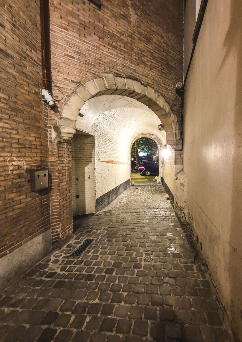 De foto toont een smalle, geplaveide doorgang tussen twee gebouwen, die leidt naar een verlichte straat met een zebrapad en een geparkeerde auto. De doorgang heeft een bakstenen muur aan de linkerkant en een lichtere, gestuukte muur aan de rechterkant. Er zijn twee bogen zichtbaar, waarvan de eerste een stenen boog is en de tweede een witgekalkte boog die verderop in de doorgang ligt. Aan de linkermuur hangt een beveiligingscamera en een metalen kastje. De bestrating is van kasseien en lijkt nat