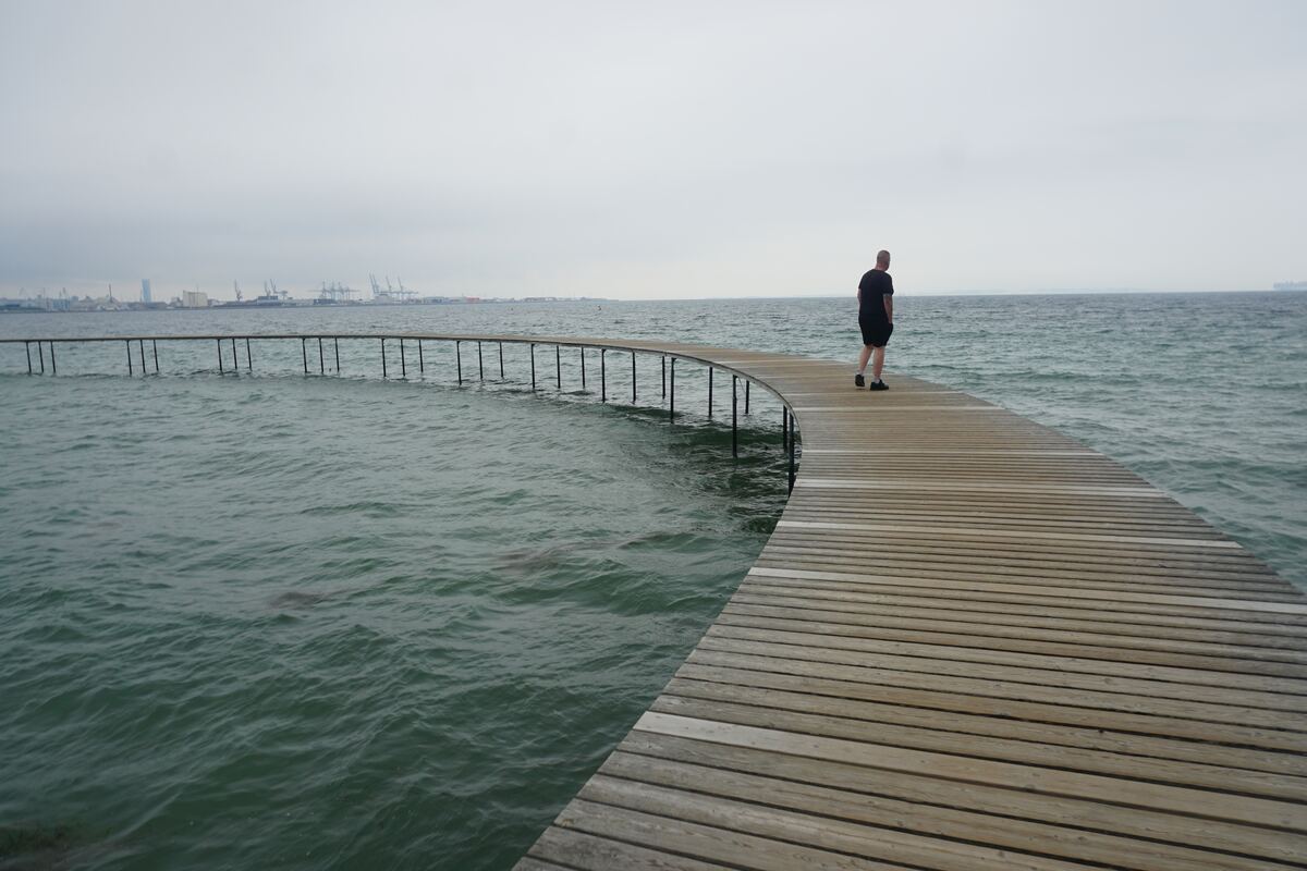 Een houten pier in de vorm van een wijde boog strekt zich uit over het water. Een persoon, gekleed in een donker T-shirt en korte broek, staat met de rug naar de camera gericht op de pier en kijkt uit over het water. De zee is licht golvend met kleine rimpelingen. Aan de horizon is een stedelijke of industriële skyline met kranen en gebouwen zichtbaar onder een bewolkte, lichte lucht. Rechts in de verte is een groot schip te zien.