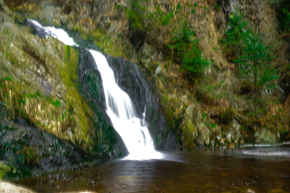 Een waterval stroomt over een rotsachtige, met mos begroeide helling naar beneden in een donker waterbekken. De rotsen zijn bedekt met groen mos en er zijn enkele bomen en struiken zichtbaar op de achtergrond. Het water van de waterval is wit en schuimend, wat contrasteert met het donkere water eronder.