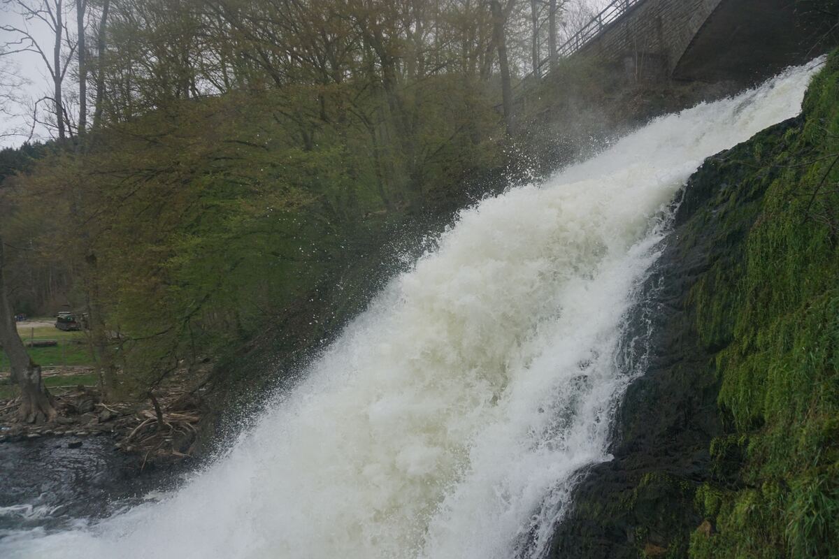 Een krachtige waterval stort naar beneden over een rotswand die deels bedekt is met groen mos. Boven de waterval is een stenen brug zichtbaar en op de achtergrond staan bomen met beginnend lenteblad. Aan de linkerkant van de waterval is een stukje van de rivier te zien waar het water in terechtkomt, met enkele kale bomen en struikgewas op de oever.