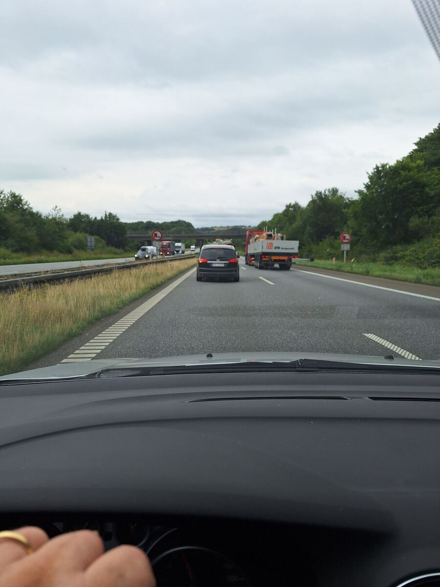 Een foto genomen vanuit de auto op een snelweg, met een bewolkte lucht. Er zijn meerdere auto's en een vrachtwagen zichtbaar op de weg. Aan de zijkanten van de snelweg is groen gras en bos te zien. Een viaduct overspant de snelweg in de verte.