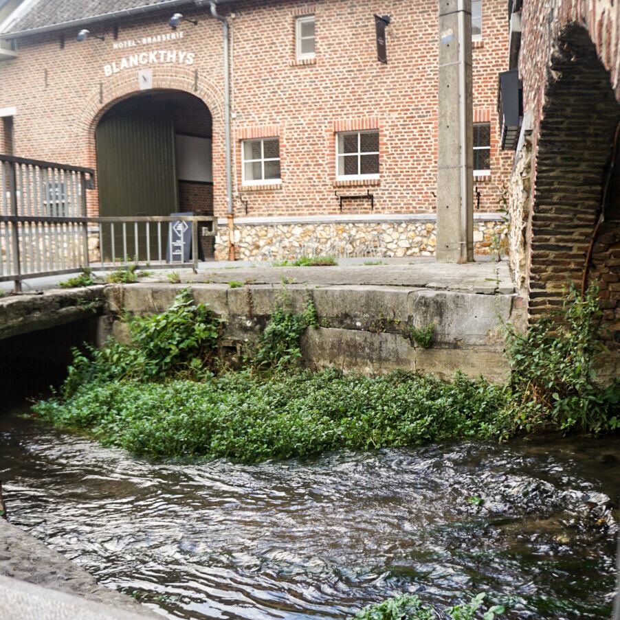 Een waterloop met veel groen aan de oevers stroomt langs een bakstenen gebouw met de tekst 'HOTEL - BRASSERIE BLANCKTHYS' boven een grote boogingang. Er is een kleine brug of oversteekplaats zichtbaar en een betonnen muur langs het water.