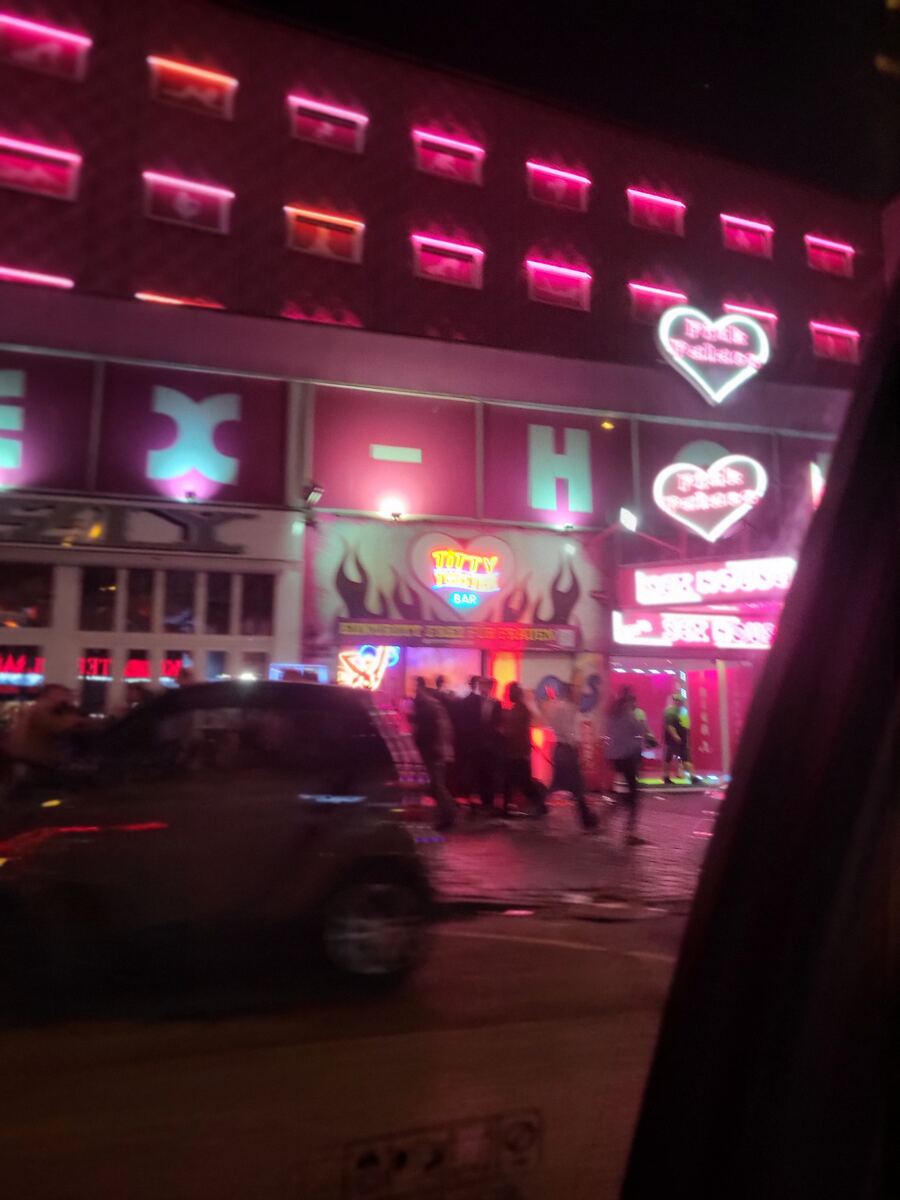 Een nachtfoto van een straat met gebouwen verlicht door felroze en blauwe neonreclames. Er zijn mensen op de stoep en een auto rijdt langs. De gebouwen hebben ramen met roze verlichting en grote letters op de gevel. Een van de gebouwen heeft een hartvormig neonbord met 'Pink Palace' en een ander bord met 'Titty Twister Bar'.