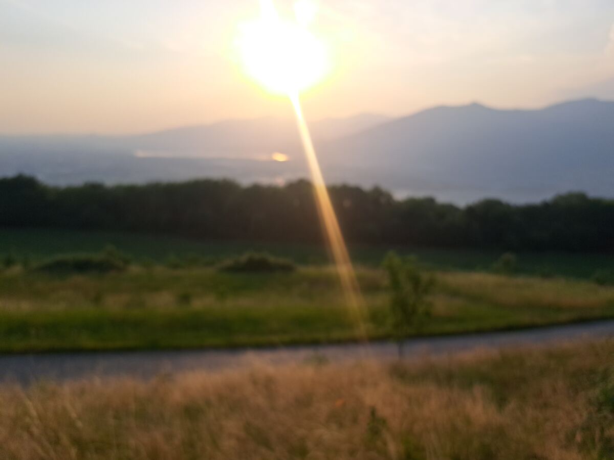 De foto toont een onscherp landschap tijdens zonsondergang. Een felle, laagstaande zon domineert de bovenste helft van het beeld, met een prominente zonnestraal die diagonaal naar beneden schijnt. Op de voorgrond is een veld met droog, hoog gras te zien. Daarachter loopt een donkere, mogelijk geasfalteerde, weg of pad horizontaal door het midden van het beeld. Vervolgens volgt een strook groenere begroeiing, waarschijnlijk grasland, en een donkere lijn van bomen. In de verte zijn vage contouren