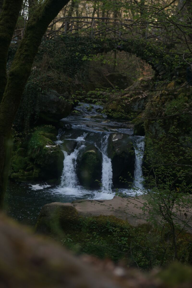 Een waterval met drie stromen water die over rotsen naar beneden vallen, omringd door weelderig groen en bomen. Op de achtergrond is een stenen brug te zien die begroeid is met klimop en mos.