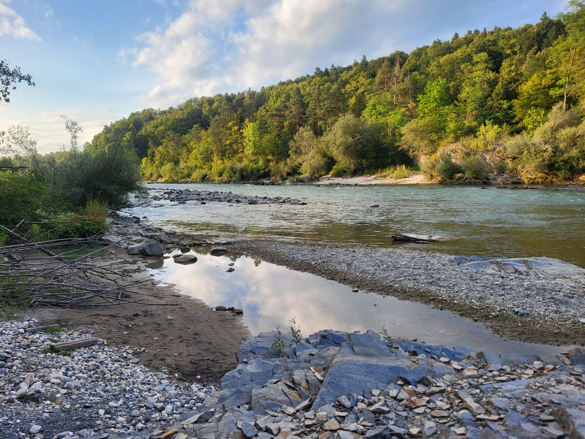 Een brede rivier stroomt door een groen landschap met aan de overkant een beboste heuvel. De oever op de voorgrond bestaat uit zand, kiezels en grotere rotsblokken, met een smalle strook stilstaand water waarin de wolken weerspiegelen. De zon schijnt op de bomen aan de overkant en de lucht is blauw met witte wolken.