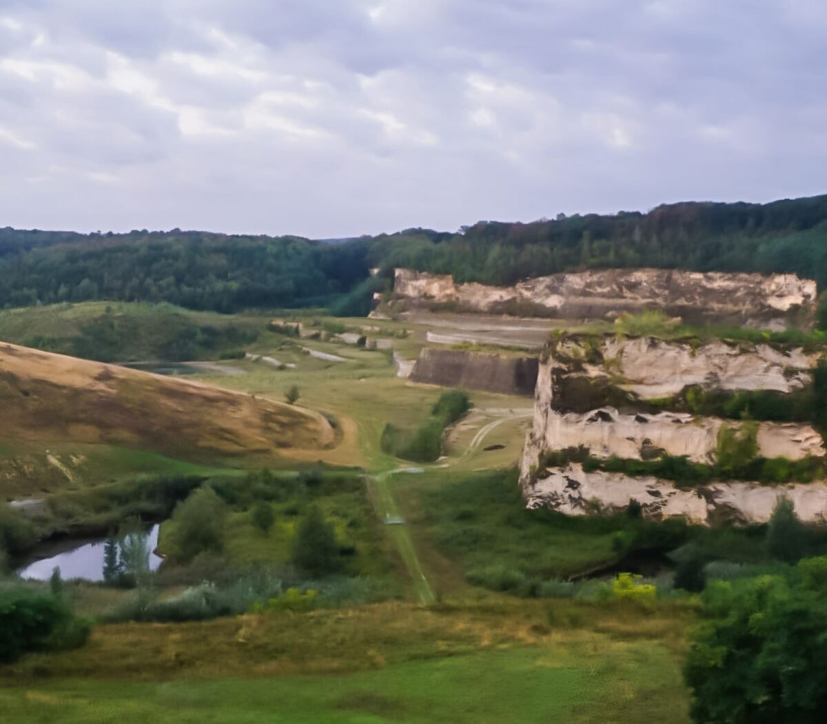 Een breed overzicht van een landschap met een oude groeve, omringd door groene heuvels en bossen onder een bewolkte lucht. De groeve toont gelaagde, lichte rotswanden en er is een kleine waterpartij zichtbaar.