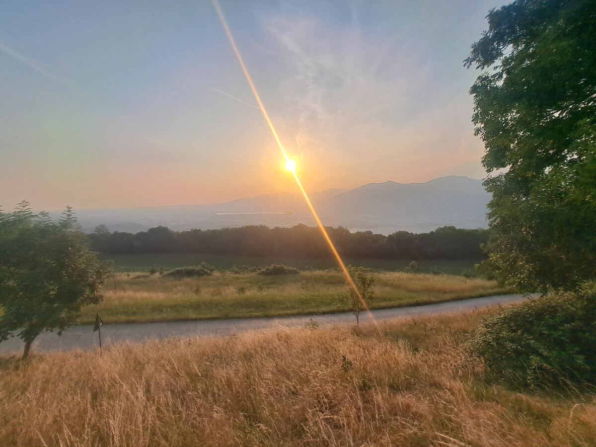 Een weids landschap bij zonsondergang, gekenmerkt door een laagstaande zon die een felle lichtstraal over het beeld werpt. Op de voorgrond is droog, goudkleurig gras te zien, met een geasfalteerde weg die door het midden van de foto slingert. Aan de linker- en rechterzijde staan bomen, en verderop in de verte strekt zich een groene strook bomen uit. Daarachter liggen vage, heuvelachtige bergen en een waterpartij, mogelijk een meer, met een kleine reflectie. De lucht toont een gradiënt van oranje