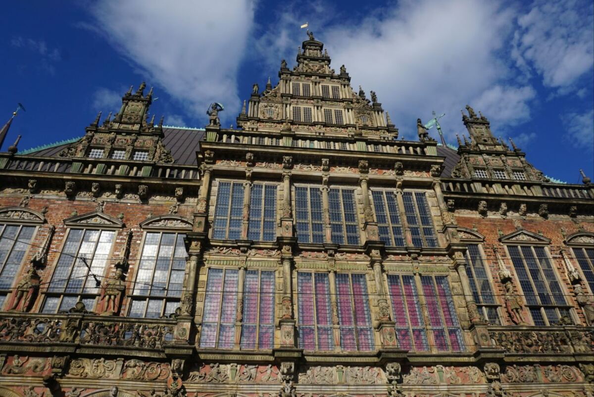 Een close-up van de gevel van een historisch gebouw met veel ornamenten en grote ramen. De gevel is opgebouwd uit baksteen en rijkelijk versierd met beeldhouwwerk en decoratieve elementen. De ramen weerspiegelen de blauwe lucht met witte wolken. Sommige ramen hebben roze gordijnen.
