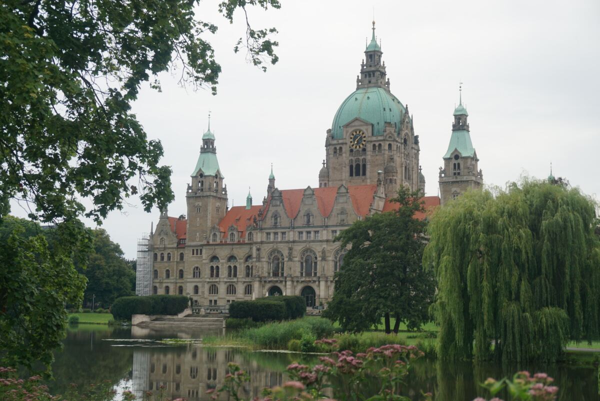 Een groothoekopname van het Nieuwe Raadhuis van Hannover, een groot gebouw met een kopergroene koepel en torens, weerspiegeld in een vijver op de voorgrond. Rondom de vijver staan bomen en struiken, waaronder een grote treurwilg aan de rechterkant en bladeren van een boom die de bovenkant van de foto deels bedekken. De lucht is bewolkt en grijs.