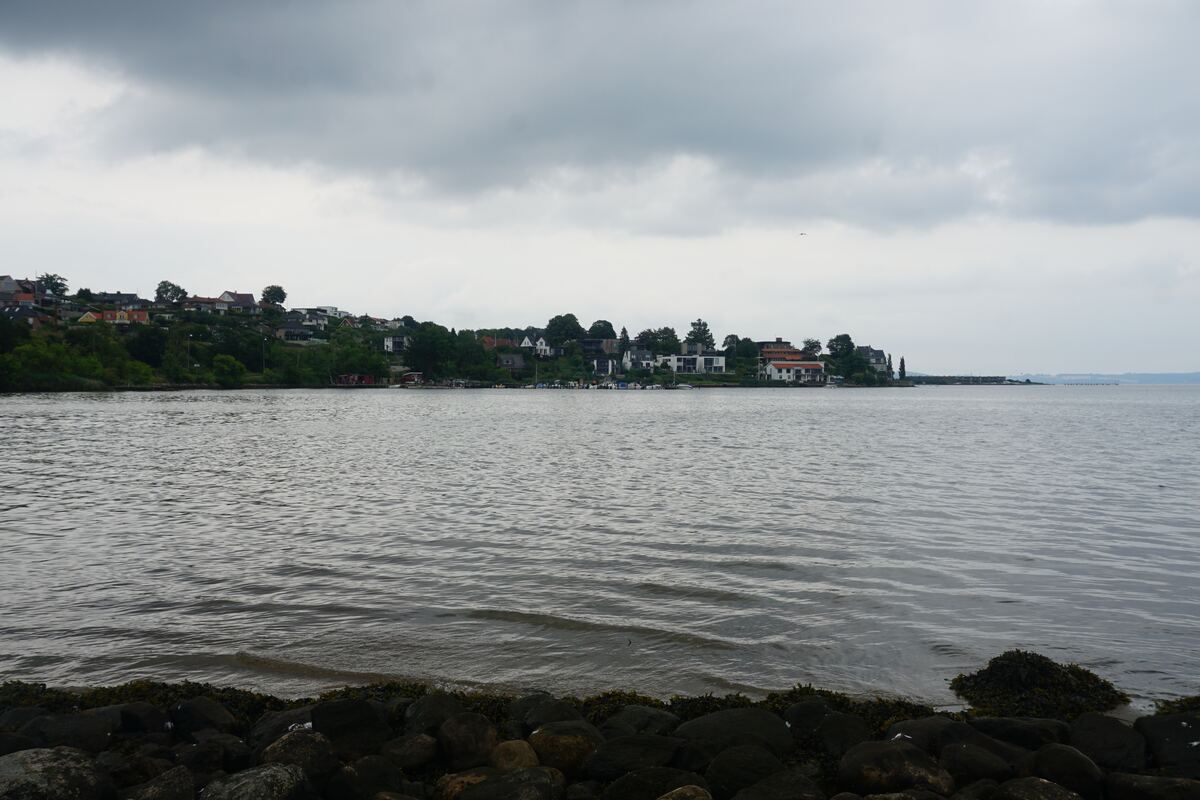 Een breed panorama toont een wateroppervlak met lichte rimpelingen. Op de voorgrond liggen donkere rotsen en zeewier. Aan de overkant van het water is een groene heuvel te zien, dicht bebouwd met diverse huizen en bomen. Enkele kleine bootjes liggen aangemeerd langs de kustlijn. De lucht is zwaar bewolkt en grijs.