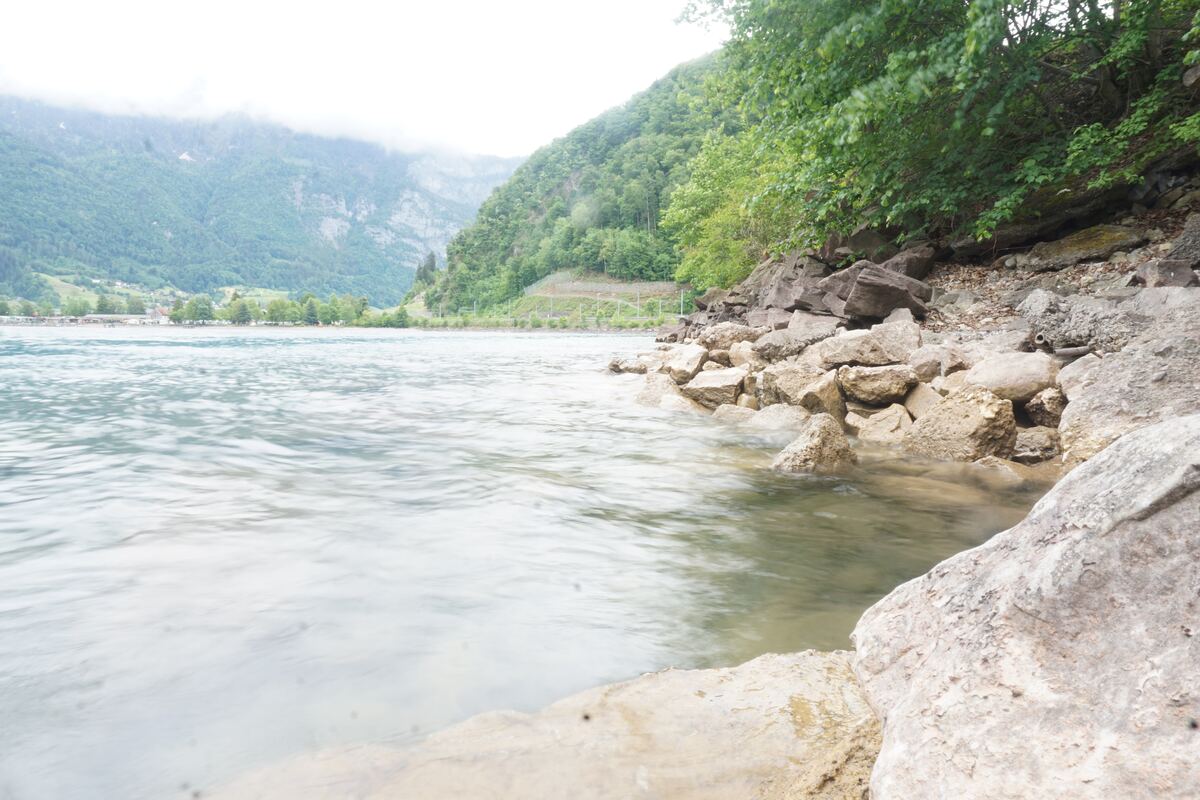 Een foto genomen vanaf de oever van een breed water, met op de achtergrond bergen en een beboste helling. De voorgrond toont rotsen en stenen langs de waterkant, met licht golvend water dat de oever raakt. Aan de overkant van het water zijn gebouwen en bomen zichtbaar, en verderop een bergketen met bewolking rond de toppen.