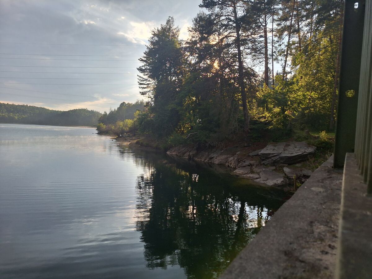 Een breed shot van een meer met aan de rechterkant een beboste oever. De zon schijnt door de bomen en creëert reflecties op het wateroppervlak. Aan de linkerkant van het meer zijn heuvels zichtbaar en in de lucht hangen enkele wolken. De foto is genomen vanaf een brug of kade, waarvan een deel rechtsonder in beeld is.
