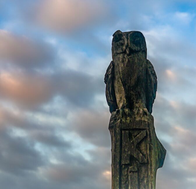 Een houten beeld van een uil, gehouwen uit een boomstam, staat tegen een bewolkte lucht. De uil is donker van kleur en heeft een ruwe textuur. Op de stam onder de uil is een ingekerfd symbool zichtbaar.