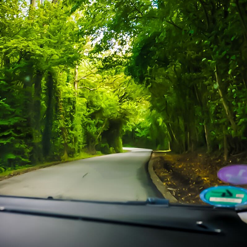 Een foto genomen vanuit een auto die een bochtige weg door een dichtbegroeid bos volgt. De bomen vormen een groene tunnel boven de weg. Rechtsonder in beeld zijn twee vage, gekleurde stickers op het dashboard of de voorruit te zien.