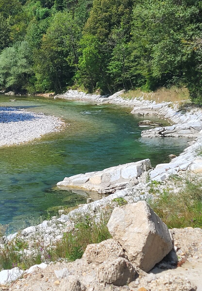 Een foto van een heldere, groenblauwe rivier die door een rotsachtig landschap stroomt, omringd door dichte groene bossen. De oever bestaat uit lichte kiezels en grotere rotsblokken. Op de voorgrond zijn enkele grote, lichtgekleurde stenen te zien.