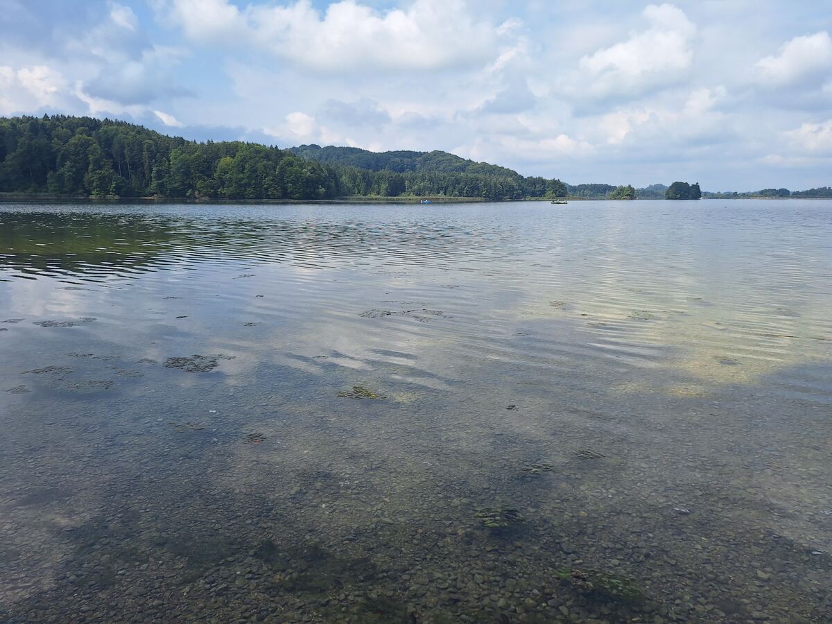 Een breed uitzicht over een kalm meer met helder water, waar de kiezelbodem zichtbaar is. Aan de overkant van het meer is een dichtbegroeide groene heuvel te zien onder een deels bewolkte lucht. Enkele kleine bootjes zijn in de verte op het water te zien.