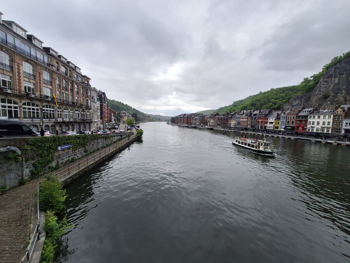 Een breed overzicht van de Maas in Dinant, België, met aan weerszijden bebouwing en groene heuvels onder een bewolkte lucht. Op het water vaart een rondvaartboot.
