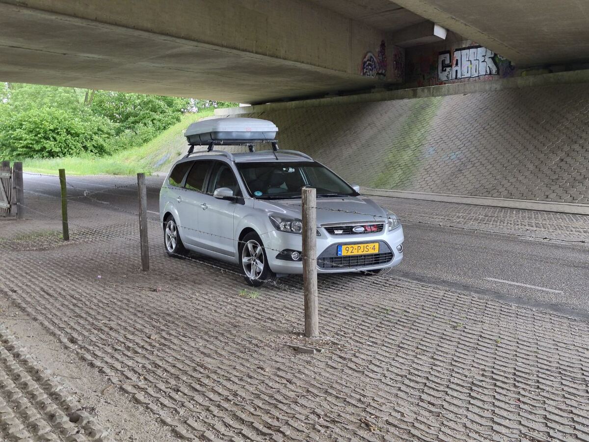 Een zilverkleurige Ford Focus stationwagen met een dakkoffer staat geparkeerd onder een betonnen viaduct. De auto heeft een Nederlands kenteken. Op de achtergrond is groen struikgewas te zien en de helling van het viaduct is bedekt met betonnen platen. Er is graffiti zichtbaar op de onderkant van het viaduct.