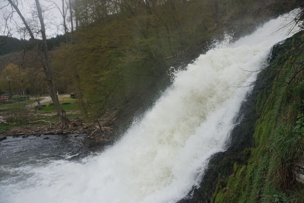 Een krachtige waterval stort naar beneden over een rotswand die begroeid is met mos en gras. Op de achtergrond zijn bomen te zien en een glimp van een onverharde weg met enkele geparkeerde voertuigen.