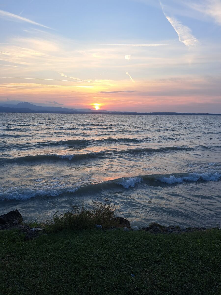 Een zonsopkomst boven een groot wateroppervlak met golven, gezien vanaf een grasstrook met enkele rotsen en begroeiing op de voorgrond. Aan de horizon zijn in de verte heuvels of bergen zichtbaar. De lucht toont een mix van oranje, roze en blauwe tinten met enkele vliegtuigstrepen.