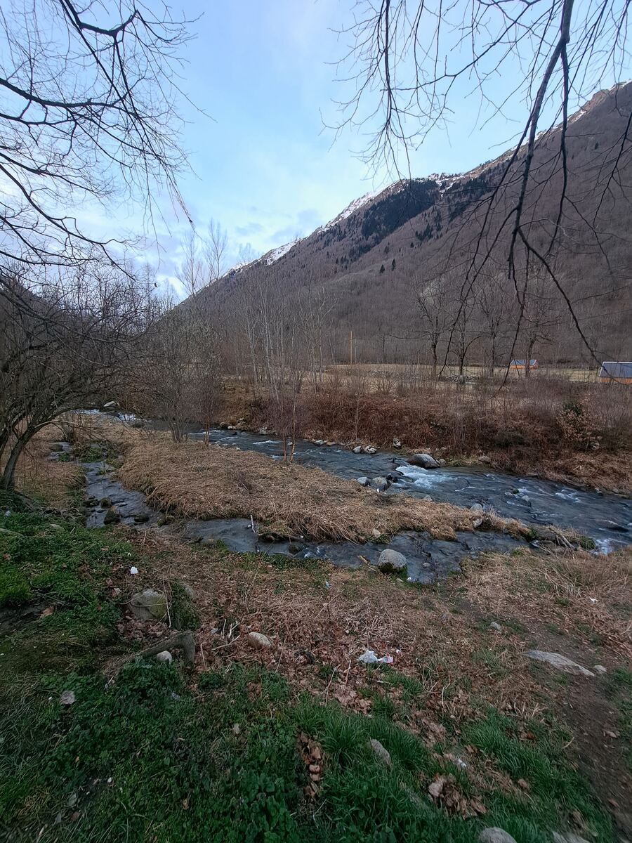 Een brede rivier stroomt door een vallei met kale bomen en struiken, met op de achtergrond een berghelling die deels met sneeuw is bedekt. De lucht is lichtblauw met enkele wolken. Op de voorgrond is groene begroeiing te zien.