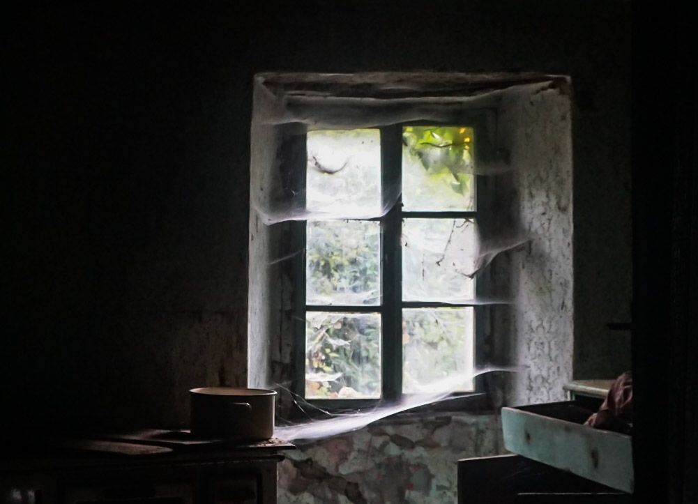Een donkere, verlaten kamer met een oud raam dat bedekt is met spinnenwebben. Door het raam is groen gebladerte zichtbaar. Links op een meubel staat een kookpan.