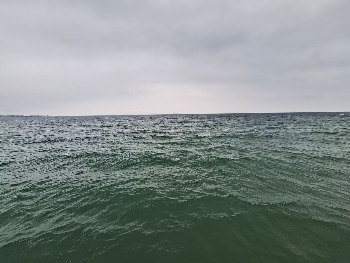 Een weids uitzicht over een kalme, donkergroene zee onder een bewolkte, grijze lucht. Aan de horizon zijn in de verte enkele vage contouren van land of bebouwing zichtbaar.