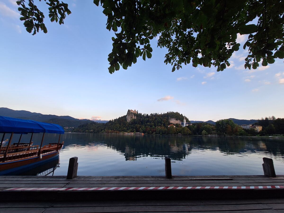 Een breed shot van het meer van Bled met op de achtergrond het kasteel van Bled op een rotsachtige heuvel, omringd door bomen. Links is een deel van een traditionele pletna-boot zichtbaar en op de voorgrond een houten steiger. De lucht is helderblauw met enkele lichte wolken.