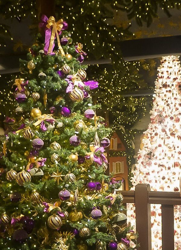 De foto toont twee versierde kerstbomen, waarvan de linkerboom prominent in beeld is met paarse en gouden ballen en linten. De rechterboom is wit en staat deels achter een houten balustrade. Op de achtergrond zijn lichtjes en een miniatuurhuisje zichtbaar.