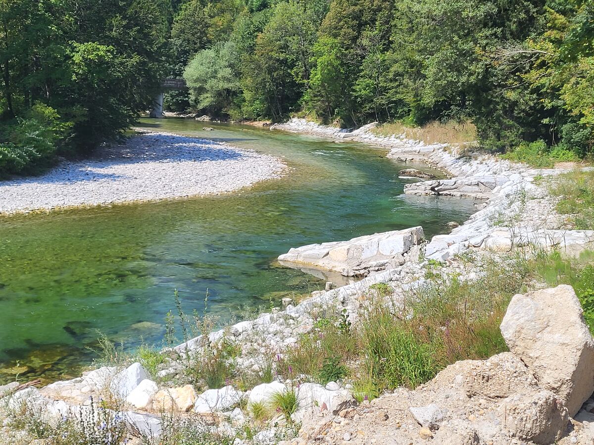 Een brede rivier met helder groenblauw water stroomt door een bosrijke omgeving. Aan de linkerkant is een grote kiezelbank zichtbaar, terwijl de rechteroever rotsachtig is met hier en daar wat begroeiing. Op de achtergrond is een brug te zien die over de rivier loopt, omringd door dichte bomen.