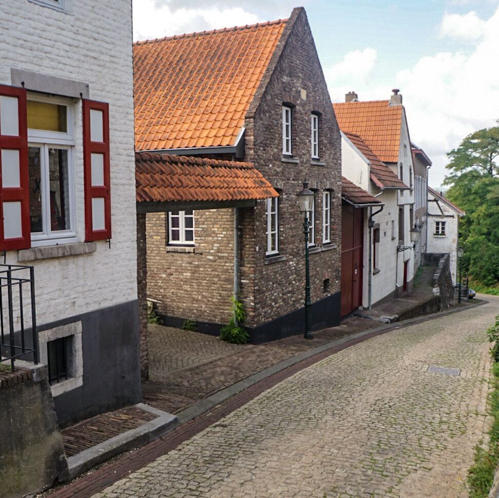 Een smalle, geplaveide straat met aan weerszijden historische huizen met pannendaken. De huizen zijn gebouwd van baksteen en hebben verschillende kleuren, waaronder wit en donkergrijs. Een van de huizen heeft rode luiken. Aan het einde van de straat is groen te zien.