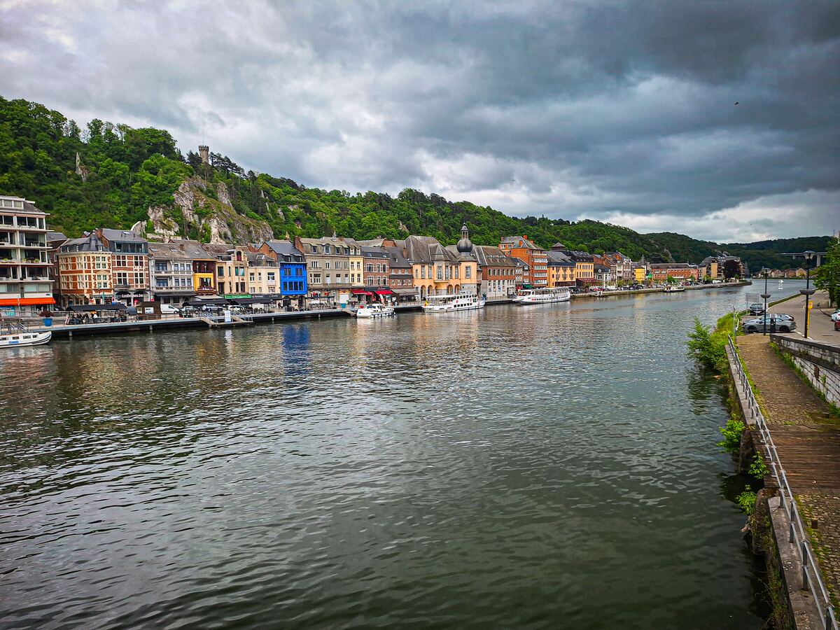 Een breed overzicht van de Maas in Dinant, met aan de linkeroever een rij kleurrijke gebouwen en daarachter een steile, beboste heuvel met een toren. Op het water liggen enkele boten en aan de rechteroever is een wandelpad met geparkeerde auto's te zien. De lucht is bewolkt.