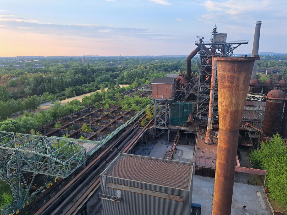 Een bovenaanzicht van een uitgestrekt voormalig industrieel complex, met roestige hoogovens, pijpen en metalen constructies, deels overwoekerd door groen. Op de achtergrond is een uitgestrekt bosgebied te zien met enkele gebouwen en een watertoren in de verte. De lucht toont zachte avondkleuren. Twee kleine figuren zijn zichtbaar op de grond bij een van de grote structuren.