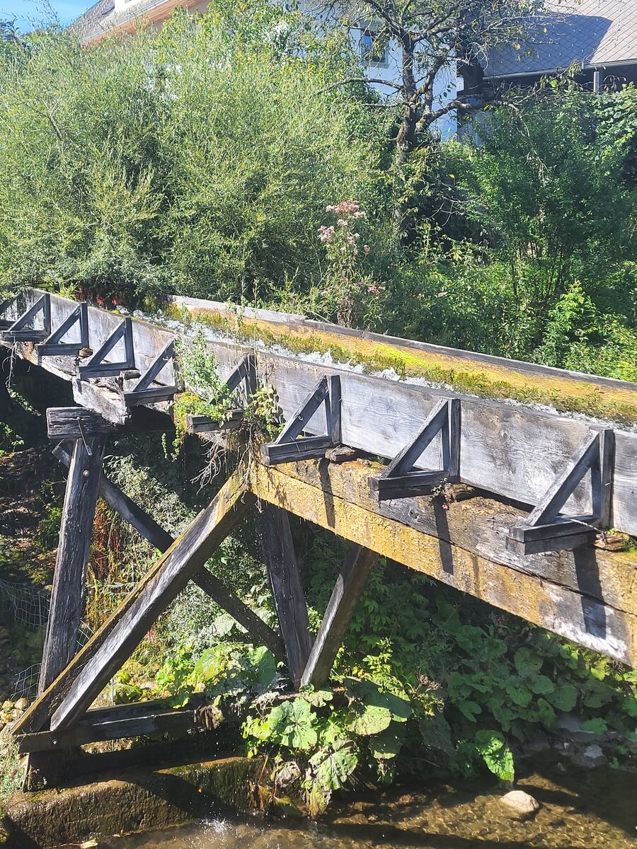Een houten watergoot, bedekt met mos en planten, loopt over een beekje. De goot wordt ondersteund door een houten constructie en op de achtergrond zijn weelderige groene bomen en een deel van een huis met een dak te zien. Water stroomt door de goot en druppelt in de beek eronder.