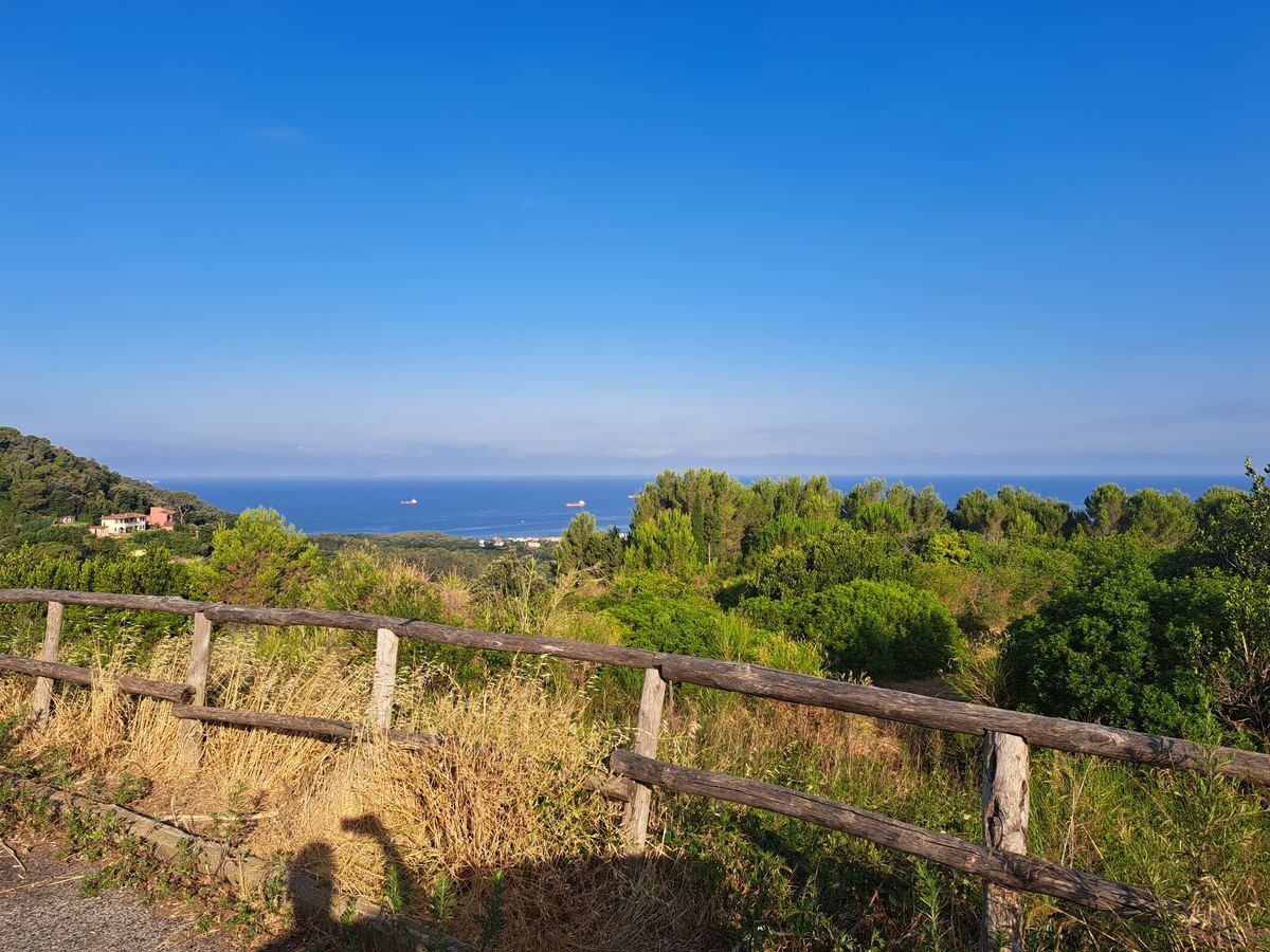 De foto toont een panoramisch uitzicht over een heuvelachtig landschap richting de zee onder een helderblauwe lucht. Op de voorgrond is een rustieke houten omheining te zien, met daarachter droog gras en diverse groene struiken en bomen. Links in de verte, op een begroeide helling, staat een opvallend lichtroze of perzikkleurig gebouw met een rood dak, omgeven door groen. Verder naar de horizon strekt de diepblauwe zee zich uit, waarop meerdere grote schepen, waarschijnlijk vrachtschepen, liggen