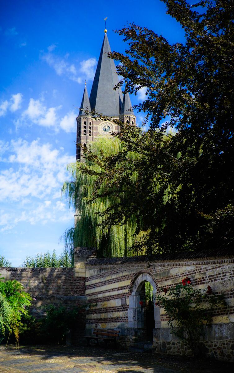 Een foto van een kerktoren met een spitse, donkere spits en een klok. Op de voorgrond staat een oude stenen muur met een boogvormige doorgang en een bankje. Er zijn veel bomen en struiken zichtbaar, waaronder een treurwilg en een boom met donkerrode bladeren.