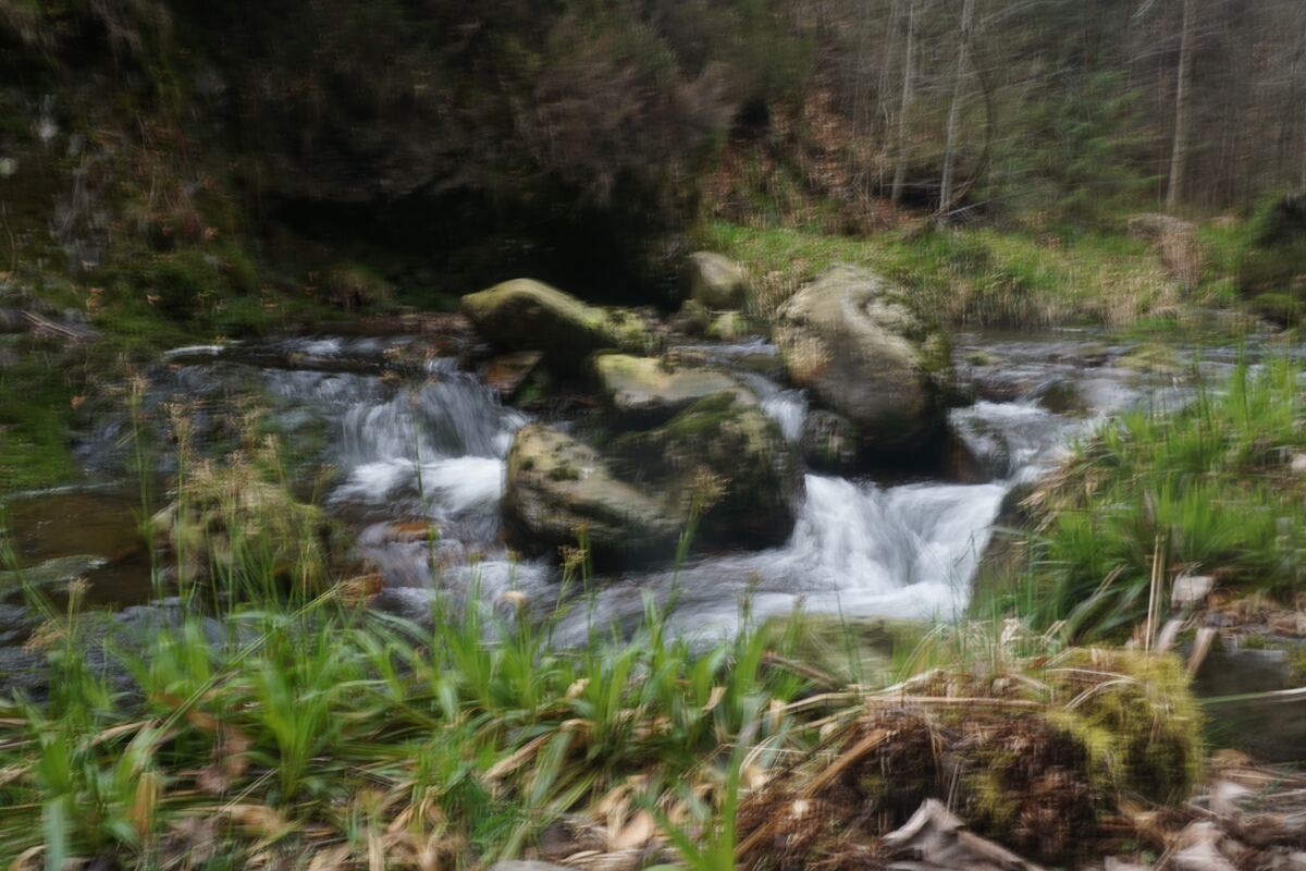Een onscherpe foto van een beekje dat over rotsen stroomt in een bosrijke omgeving. Groen gras en mos zijn zichtbaar langs de oevers en op de rotsen, met bomen op de achtergrond.